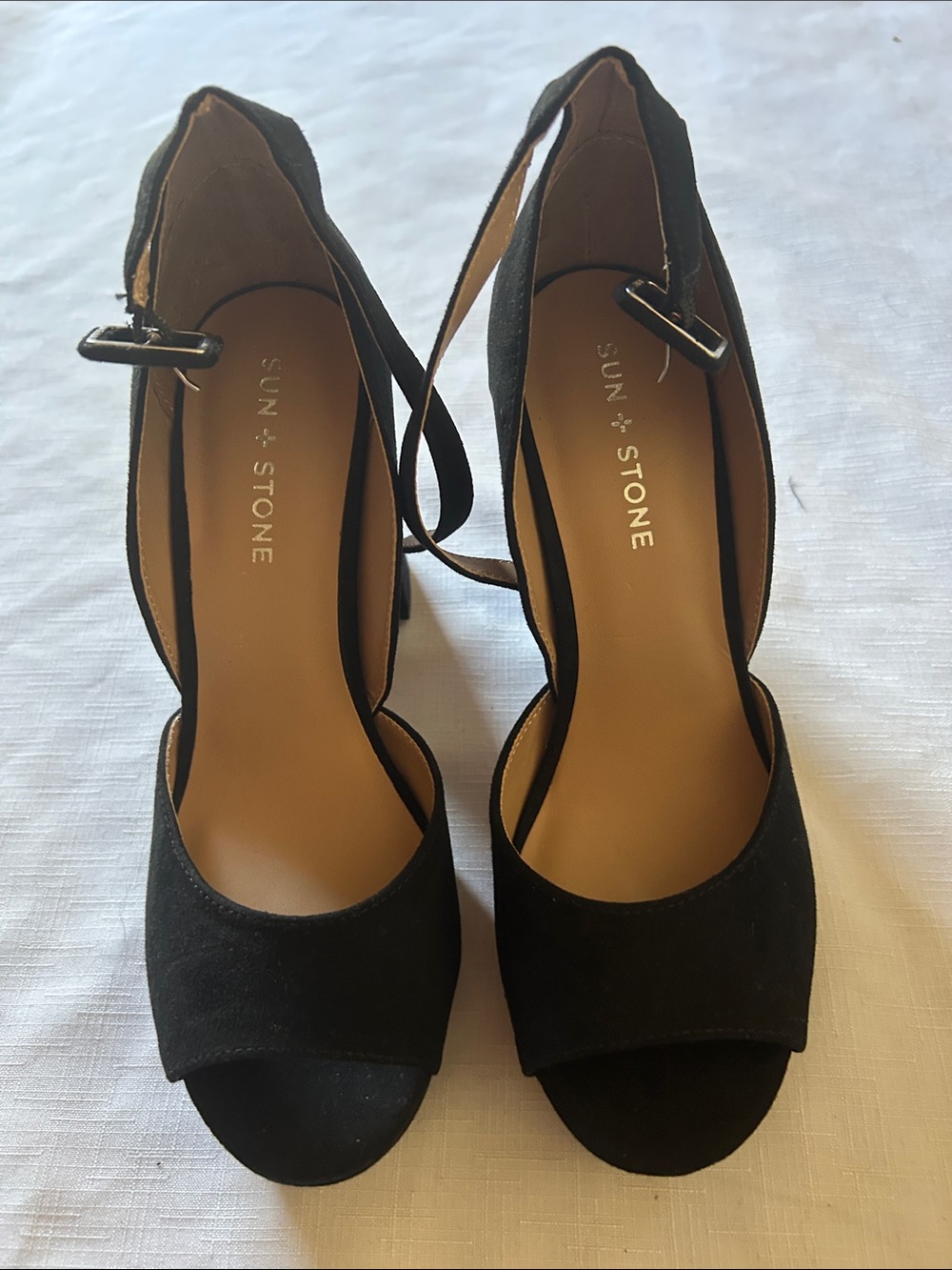 Sun + Stone Black Suede Peep Toe Ankle Strap Heels